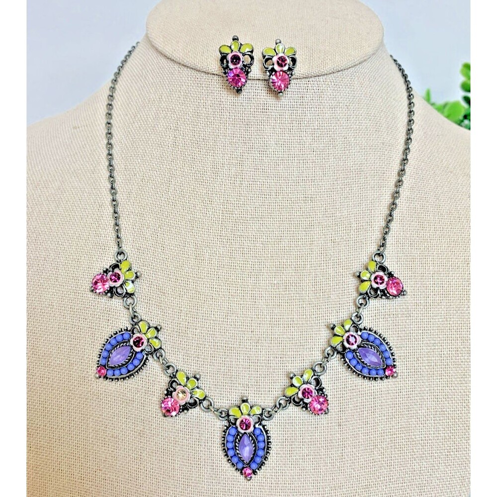 Y2K Floral Rhinestone Statement Necklace Earrings Set Purple Pink Gunmetal Glam
